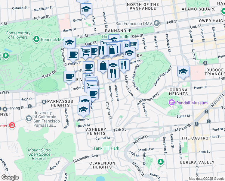 map of restaurants, bars, coffee shops, grocery stores, and more near 144 Downey Street in San Francisco