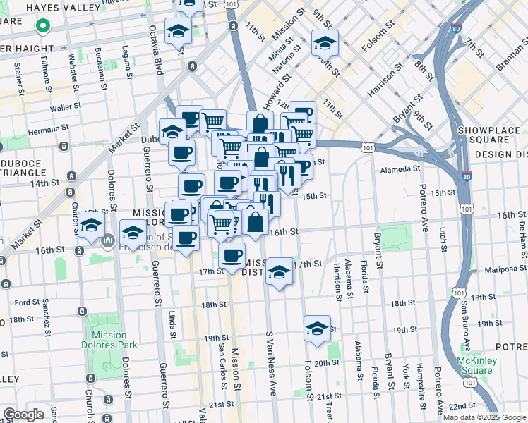 map of restaurants, bars, coffee shops, grocery stores, and more near 1500 15th Street in San Francisco