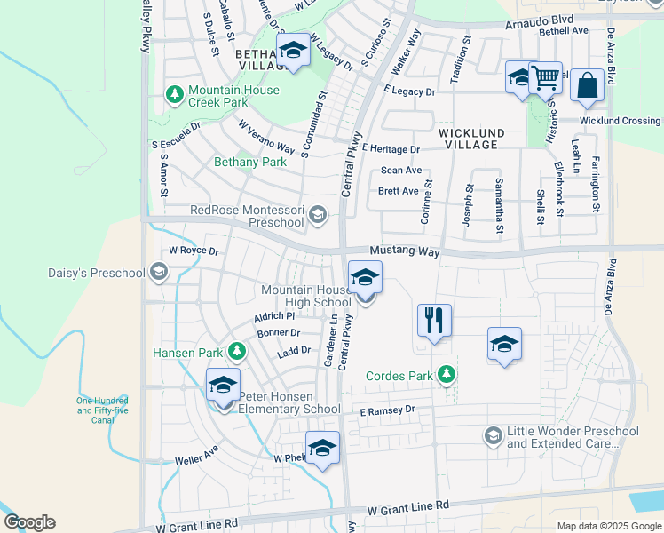 map of restaurants, bars, coffee shops, grocery stores, and more near 576 South Central Parkway in Tracy