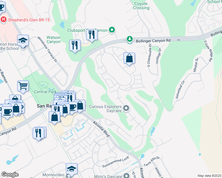 map of restaurants, bars, coffee shops, grocery stores, and more near 412 Pine Ridge Drive in San Ramon