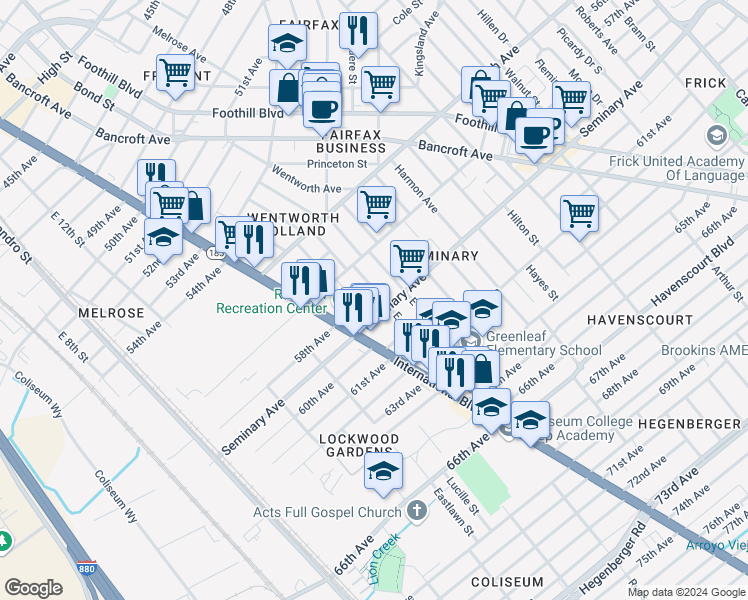map of restaurants, bars, coffee shops, grocery stores, and more near 5726 East 16th Street in Oakland