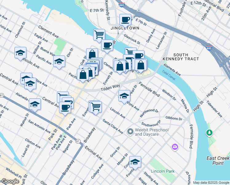 map of restaurants, bars, coffee shops, grocery stores, and more near 2500 Tilden Way in Alameda