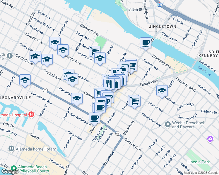 map of restaurants, bars, coffee shops, grocery stores, and more near 1550 Oak Street in Alameda