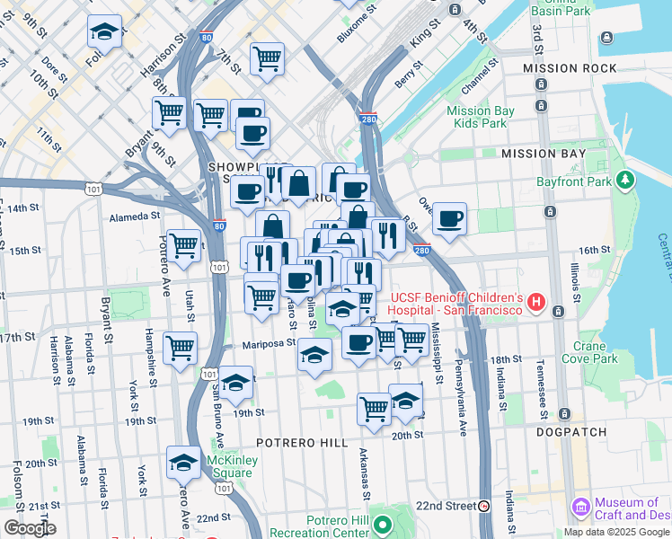 map of restaurants, bars, coffee shops, grocery stores, and more near in San Francisco