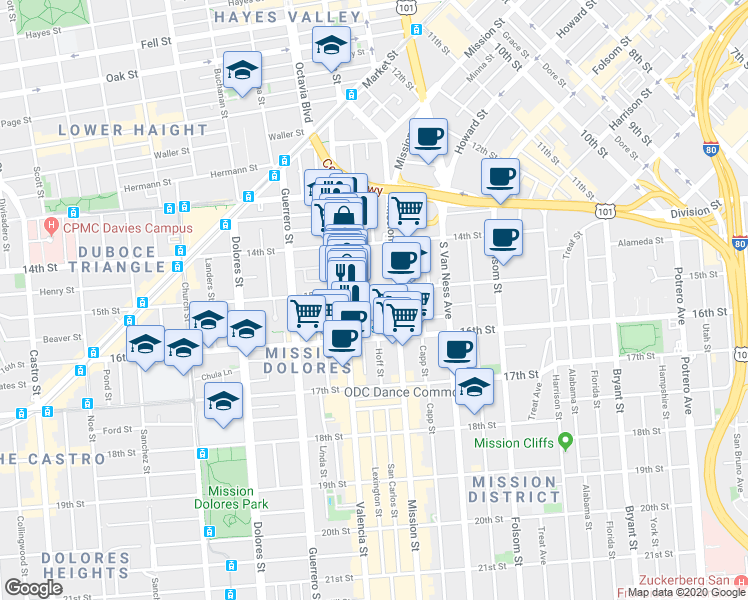 map of restaurants, bars, coffee shops, grocery stores, and more near 81 Julian Avenue in San Francisco