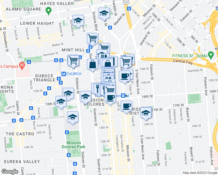 map of restaurants, bars, coffee shops, grocery stores, and more near 365 Valencia Street in San Francisco
