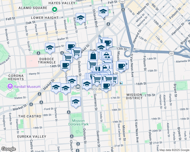 map of restaurants, bars, coffee shops, grocery stores, and more near 269 Guerrero Street in San Francisco