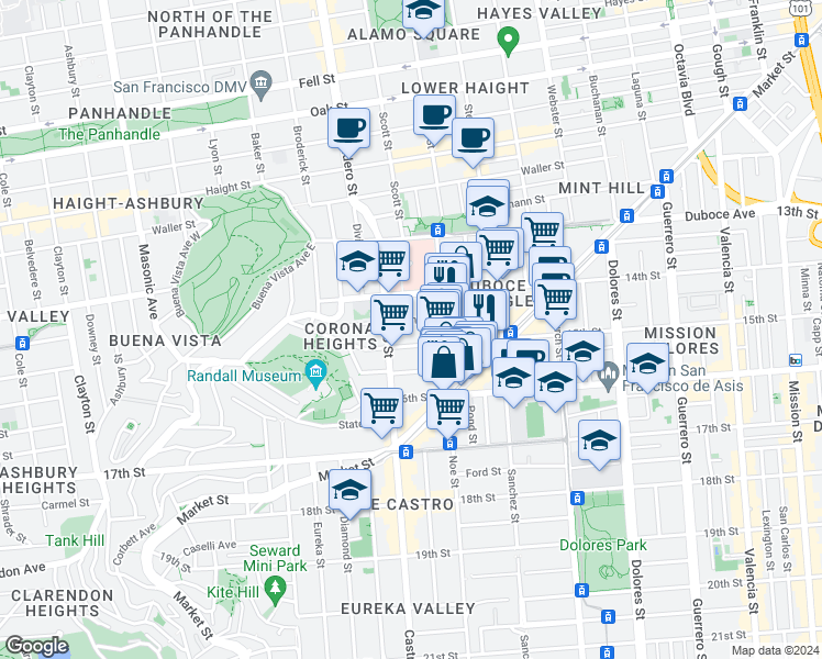 map of restaurants, bars, coffee shops, grocery stores, and more near 951 14th Street in San Francisco