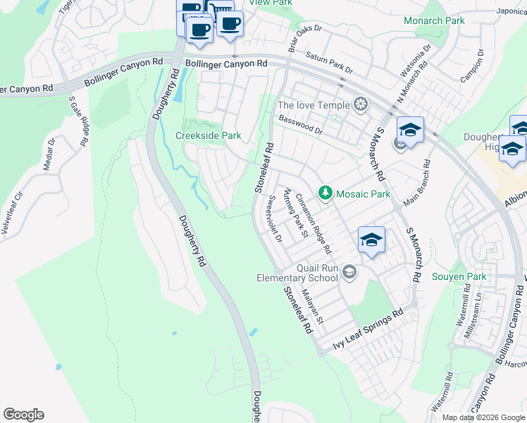 map of restaurants, bars, coffee shops, grocery stores, and more near 7794 Privet Place in San Ramon