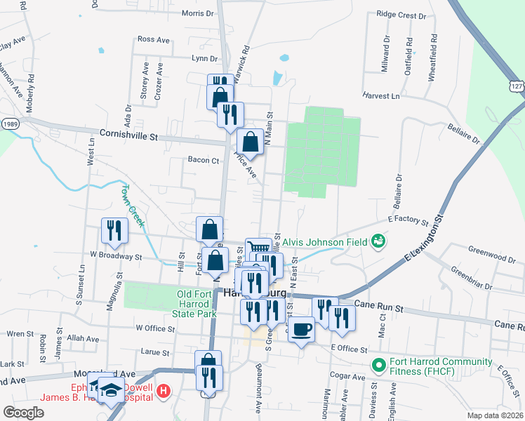 map of restaurants, bars, coffee shops, grocery stores, and more near 362 North Main Street in Harrodsburg