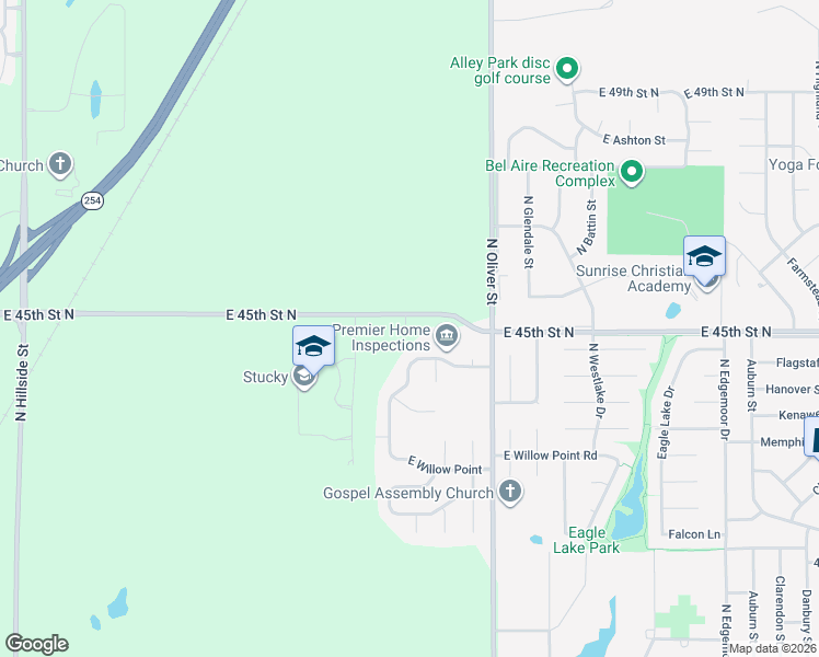 map of restaurants, bars, coffee shops, grocery stores, and more near 4325-4799 East 45th Street North in Wichita