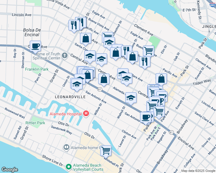map of restaurants, bars, coffee shops, grocery stores, and more near 2041 Alameda Avenue in Alameda