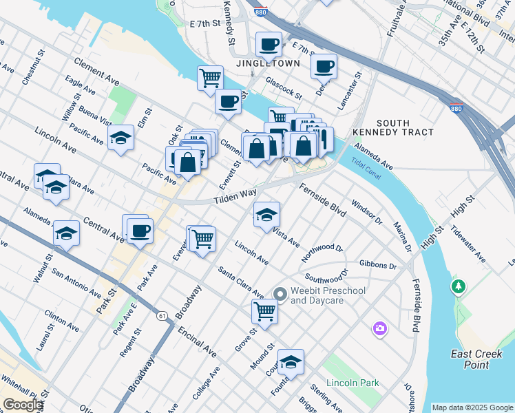 map of restaurants, bars, coffee shops, grocery stores, and more near 1712 Broadway in Alameda