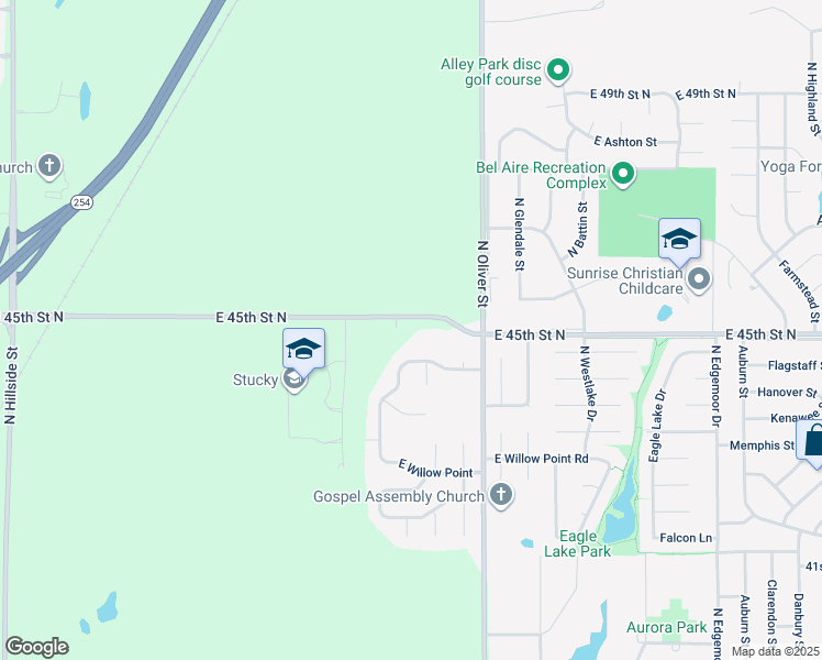 map of restaurants, bars, coffee shops, grocery stores, and more near 4325-4799 East 45th Street North in Wichita