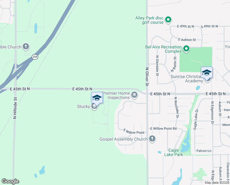 map of restaurants, bars, coffee shops, grocery stores, and more near 4325-4799 East 45th Street North in Wichita