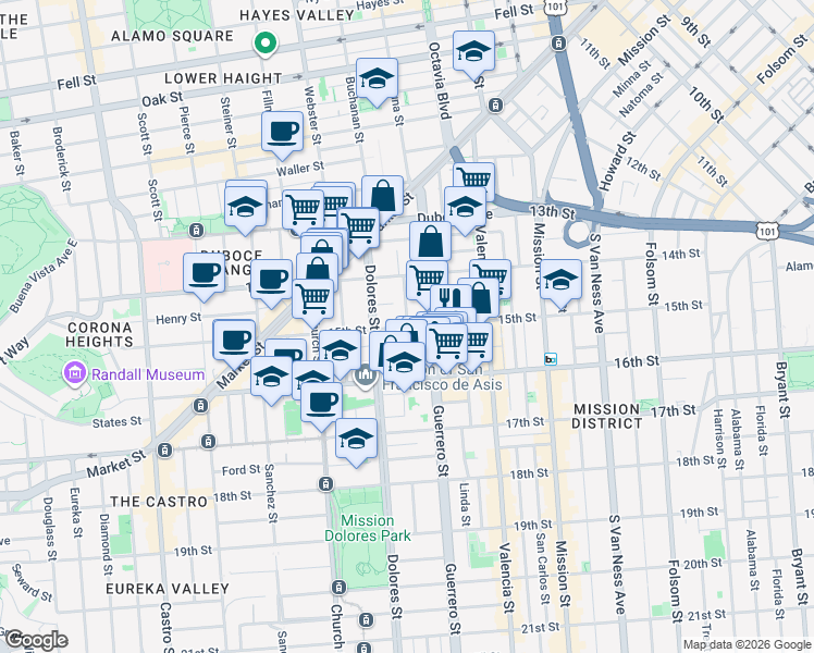 map of restaurants, bars, coffee shops, grocery stores, and more near 15th Street & Ramona Avenue in San Francisco