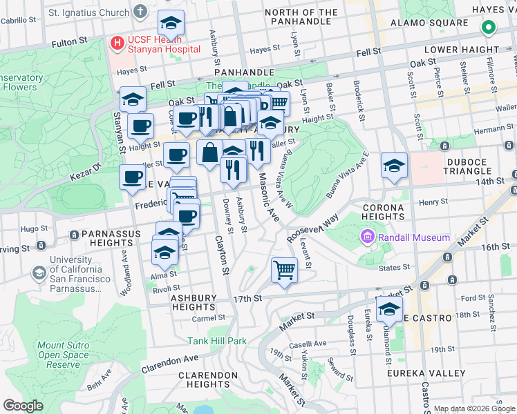 map of restaurants, bars, coffee shops, grocery stores, and more near 1421 Masonic Avenue in San Francisco
