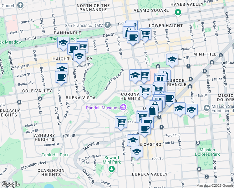 map of restaurants, bars, coffee shops, grocery stores, and more near 77 Park Hill Avenue in San Francisco