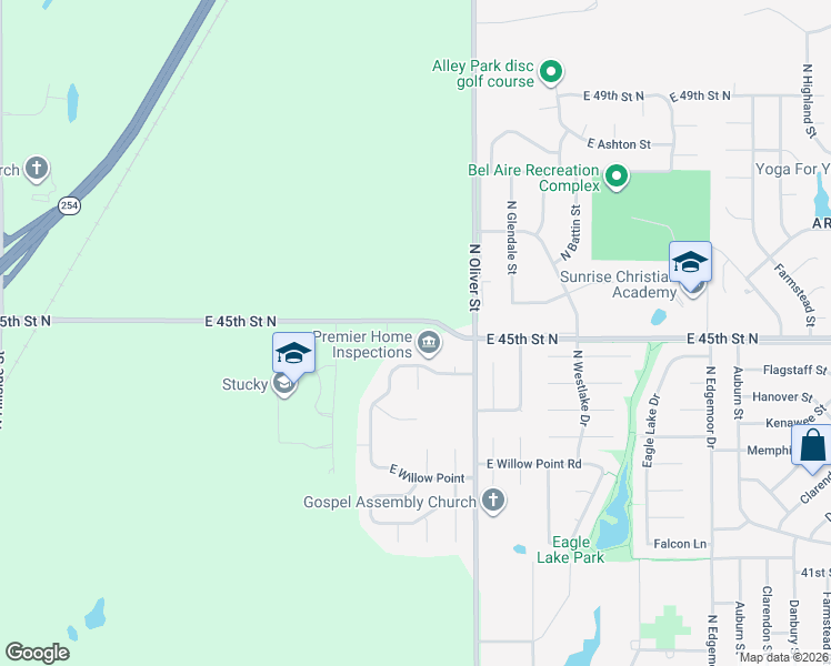 map of restaurants, bars, coffee shops, grocery stores, and more near 4336-4798 East 45th Street North in Wichita