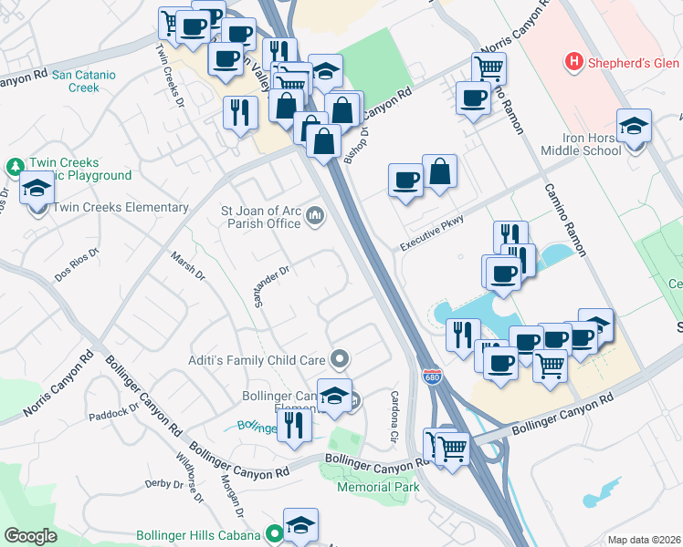 map of restaurants, bars, coffee shops, grocery stores, and more near 576 Santander Drive in San Ramon