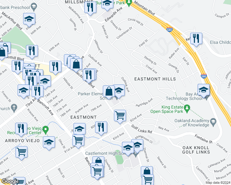 map of restaurants, bars, coffee shops, grocery stores, and more near 7878 Ney Avenue in Oakland