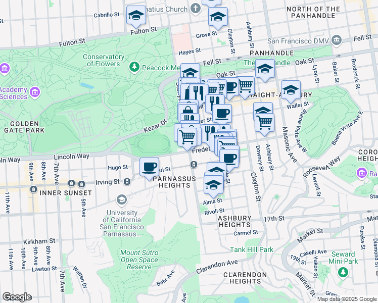 map of restaurants, bars, coffee shops, grocery stores, and more near Stanyan St & Frederick St in San Francisco