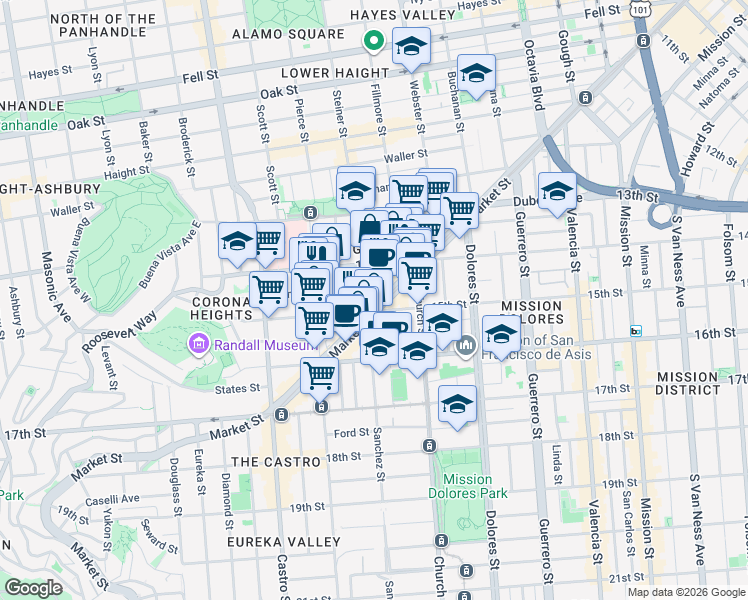 map of restaurants, bars, coffee shops, grocery stores, and more near 181 Sanchez Street in San Francisco