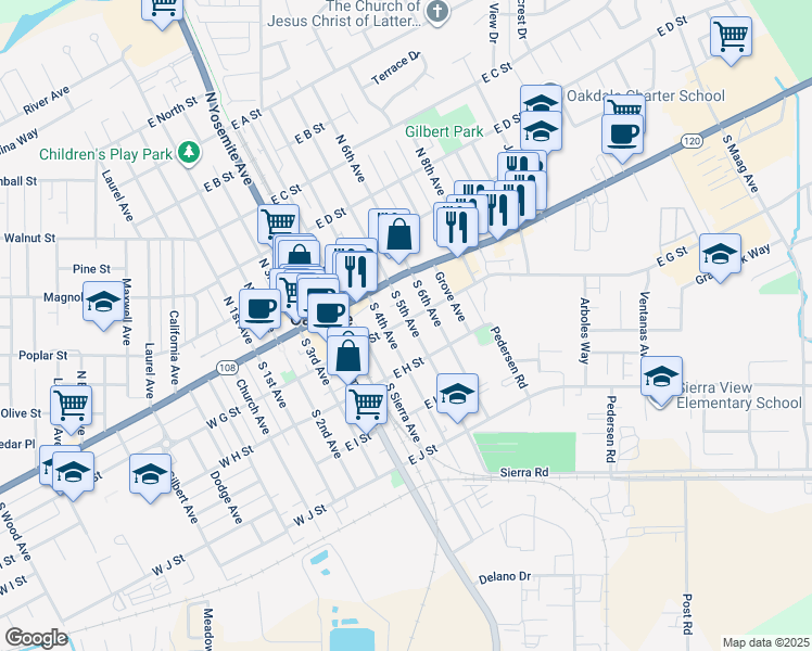 map of restaurants, bars, coffee shops, grocery stores, and more near 202 South 5th Avenue in Oakdale