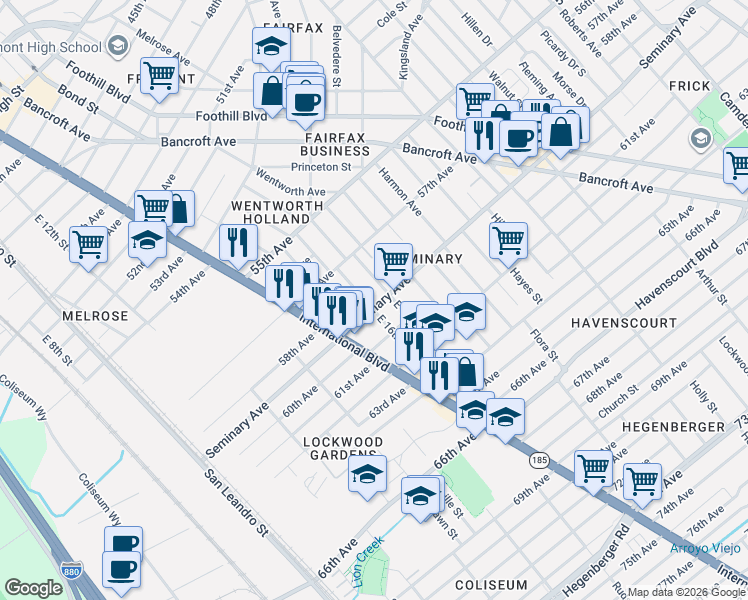 map of restaurants, bars, coffee shops, grocery stores, and more near 1705 Seminary Avenue in Oakland