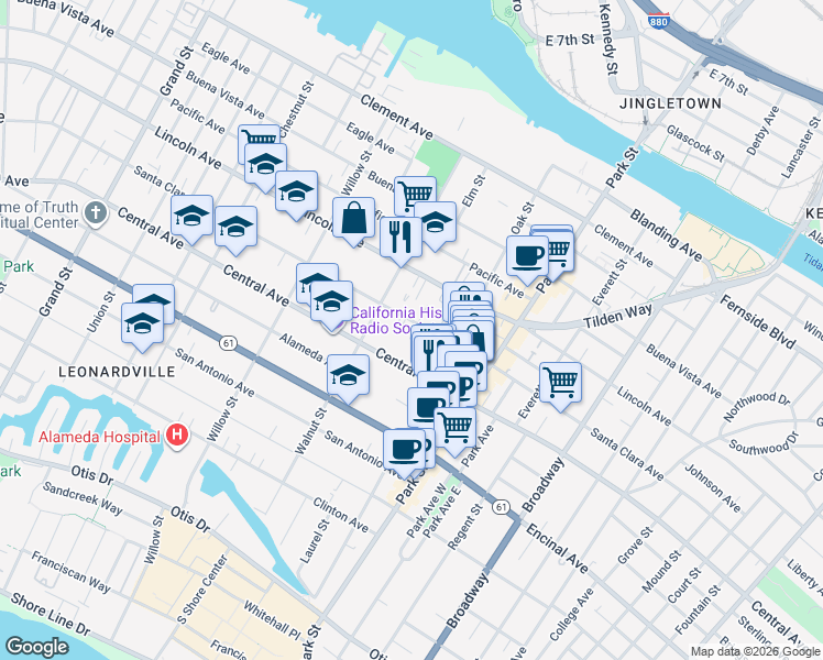 map of restaurants, bars, coffee shops, grocery stores, and more near 2229 Santa Clara Avenue in Alameda