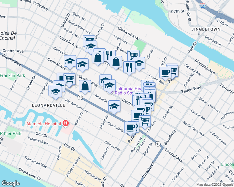 map of restaurants, bars, coffee shops, grocery stores, and more near 1419 Walnut Street in Alameda