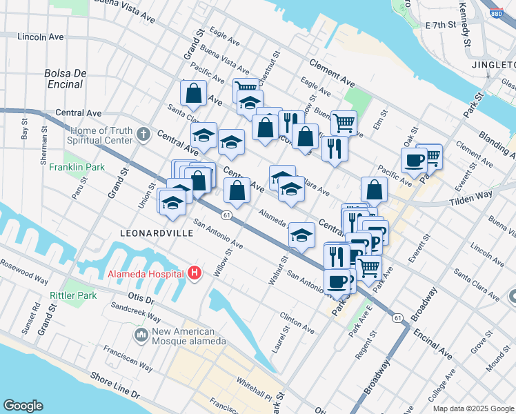 map of restaurants, bars, coffee shops, grocery stores, and more near 2068 Central Avenue in Alameda