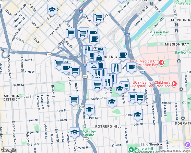 map of restaurants, bars, coffee shops, grocery stores, and more near 200 Rhode Island Street in San Francisco