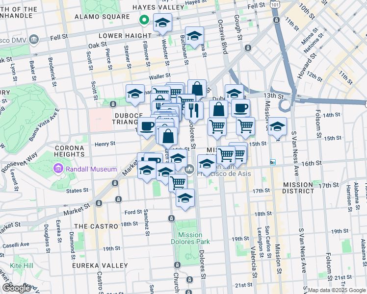 map of restaurants, bars, coffee shops, grocery stores, and more near 154 Dolores Street in San Francisco