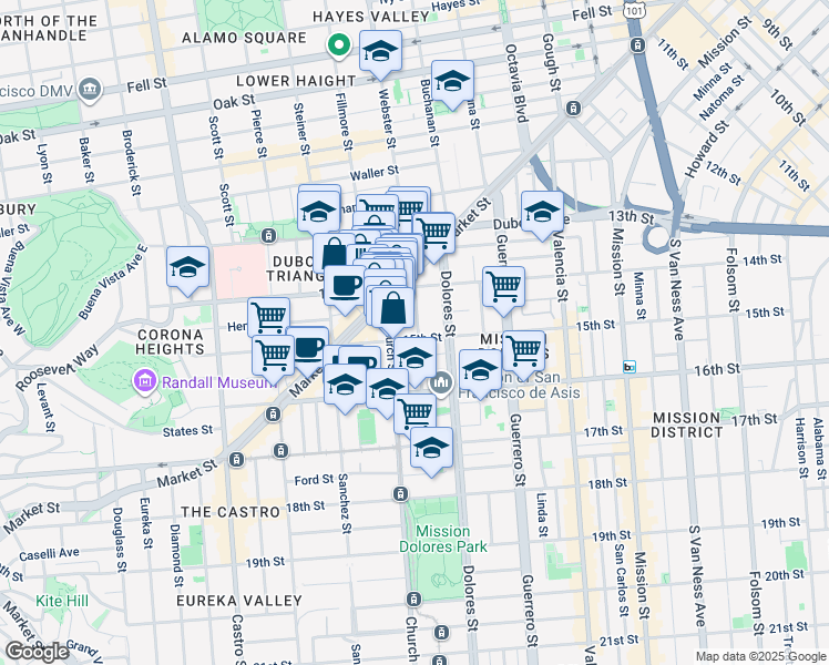 map of restaurants, bars, coffee shops, grocery stores, and more near 233 Church Street in San Francisco