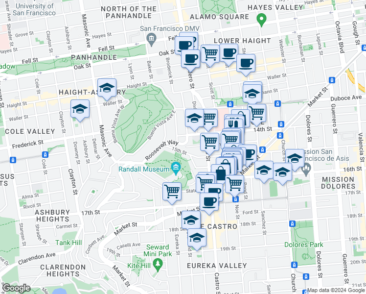 map of restaurants, bars, coffee shops, grocery stores, and more near 1073 14th Street in San Francisco