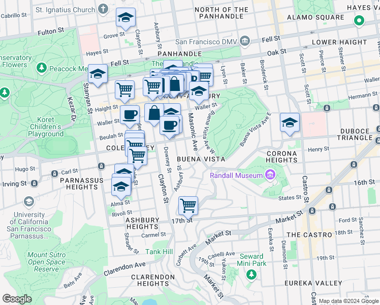 map of restaurants, bars, coffee shops, grocery stores, and more near 1421 Masonic Avenue in San Francisco