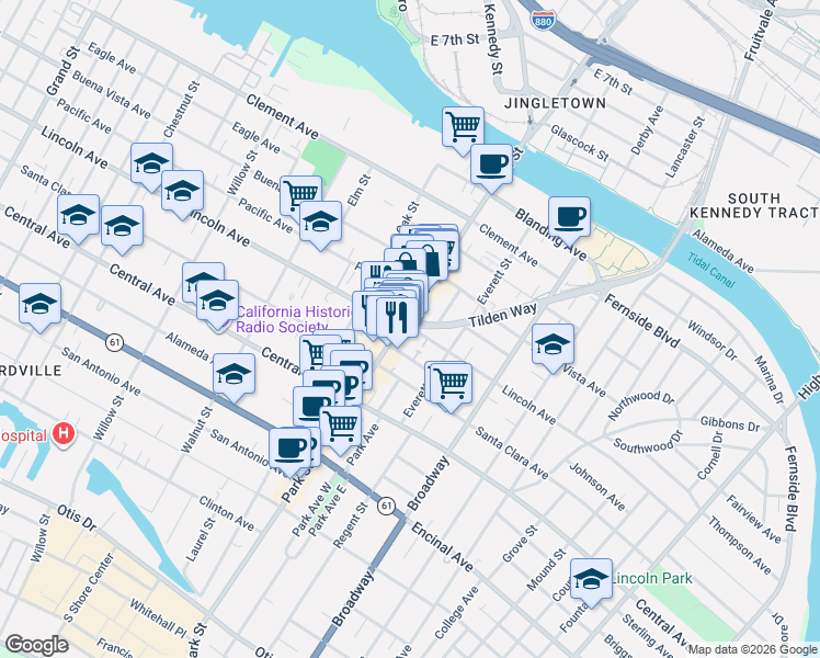 map of restaurants, bars, coffee shops, grocery stores, and more near 2404 Lincoln Avenue in Alameda