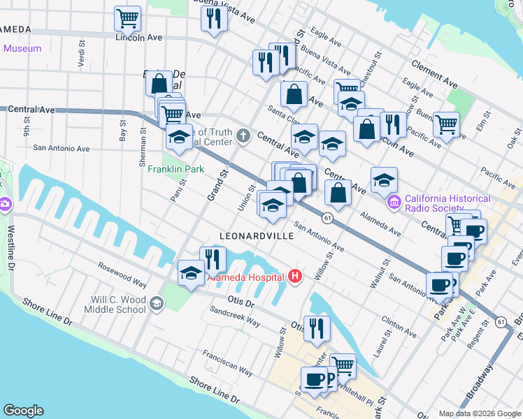 map of restaurants, bars, coffee shops, grocery stores, and more near 1822 San Antonio Avenue in Alameda