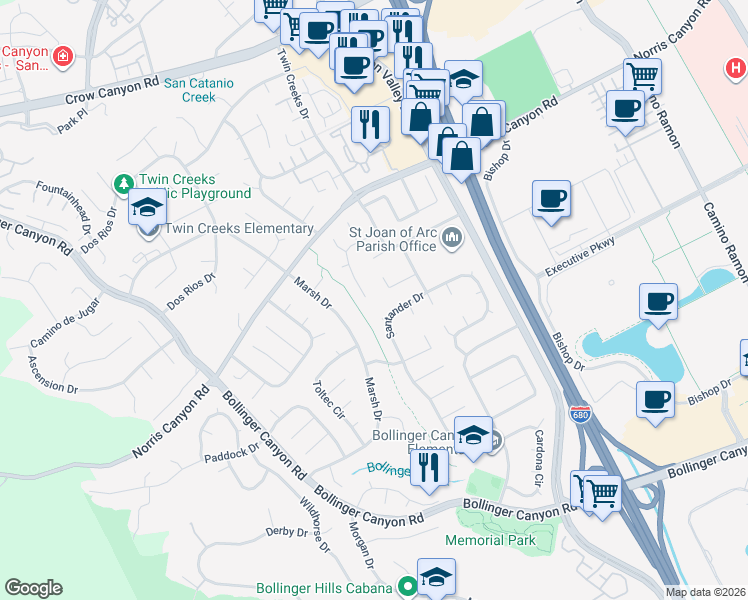 map of restaurants, bars, coffee shops, grocery stores, and more near 218 Westvale Court in San Ramon