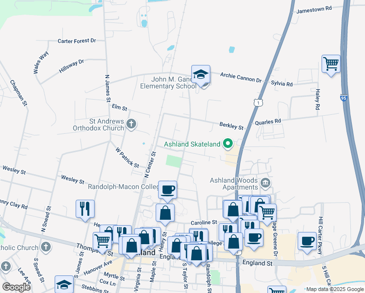 map of restaurants, bars, coffee shops, grocery stores, and more near 512 Henry Street in Ashland