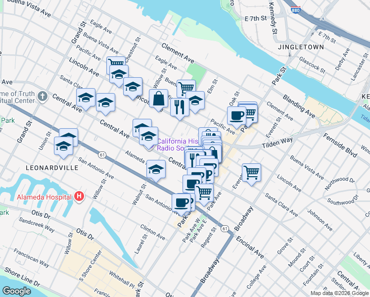 map of restaurants, bars, coffee shops, grocery stores, and more near 2229 Santa Clara Avenue in Alameda