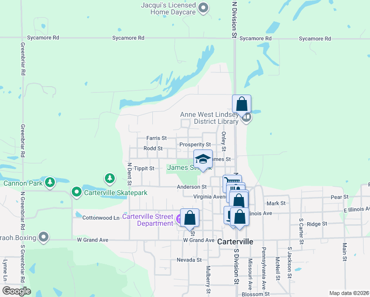 map of restaurants, bars, coffee shops, grocery stores, and more near 582-598 Pleasant Alley in Carterville