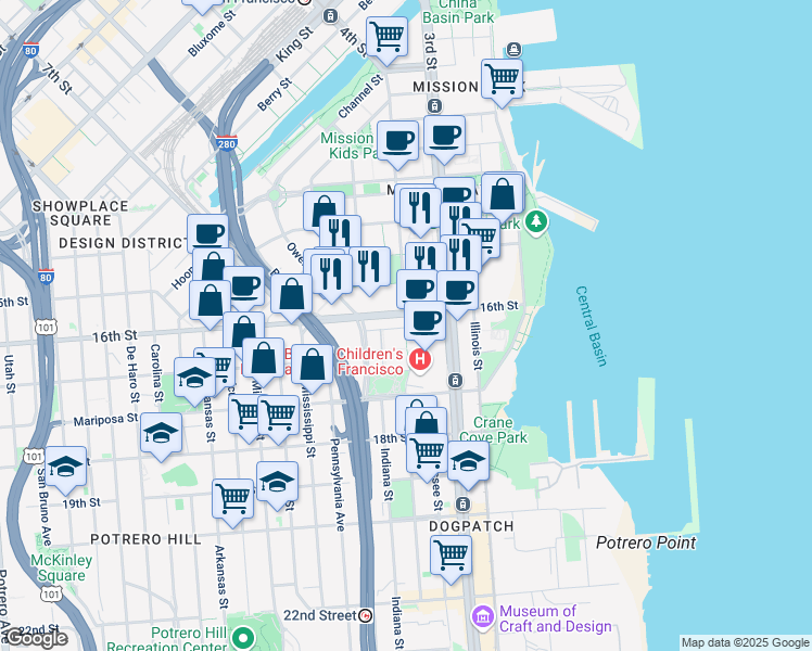 map of restaurants, bars, coffee shops, grocery stores, and more near 1900 4th Street in San Francisco