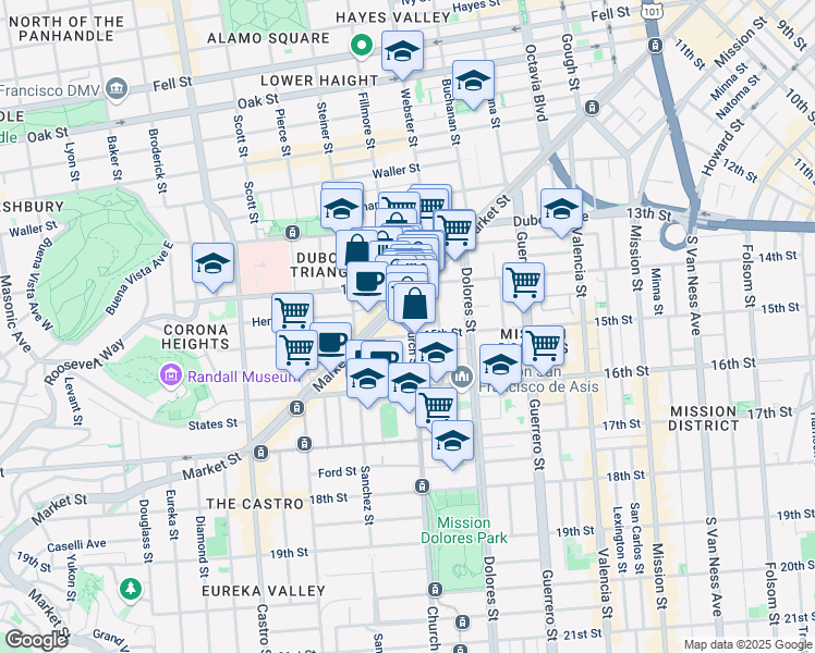 map of restaurants, bars, coffee shops, grocery stores, and more near 233 Church Street in San Francisco