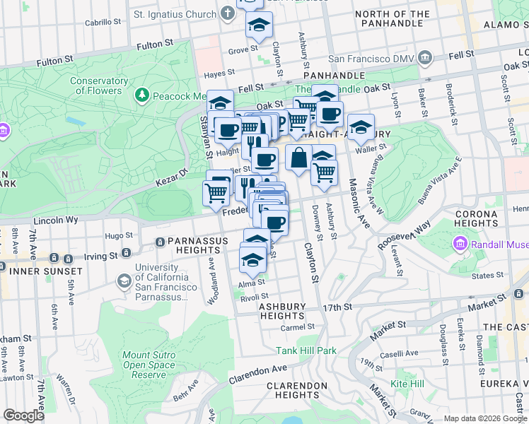 map of restaurants, bars, coffee shops, grocery stores, and more near 815 Cole Street in San Francisco