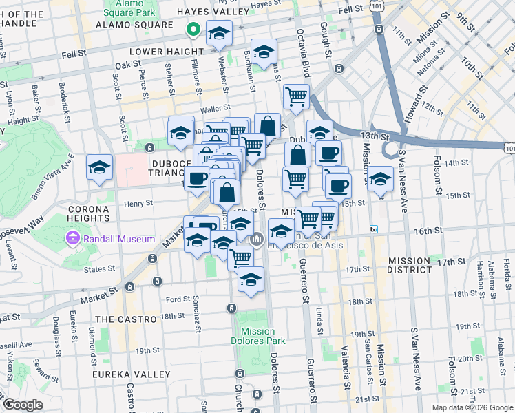 map of restaurants, bars, coffee shops, grocery stores, and more near 154 Dolores Street in San Francisco
