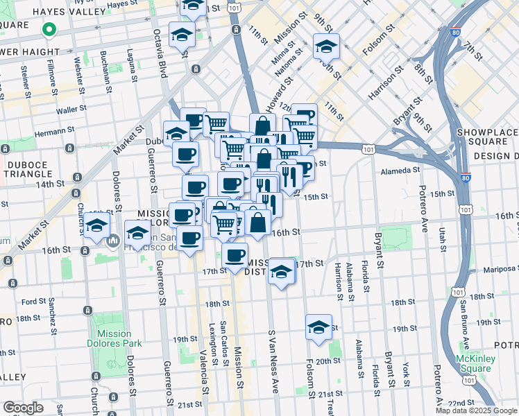 map of restaurants, bars, coffee shops, grocery stores, and more near 1500 15th Street in San Francisco