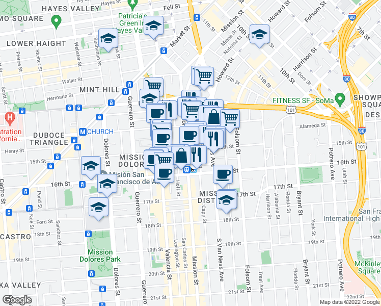 map of restaurants, bars, coffee shops, grocery stores, and more near 1885 Mission Street in San Francisco
