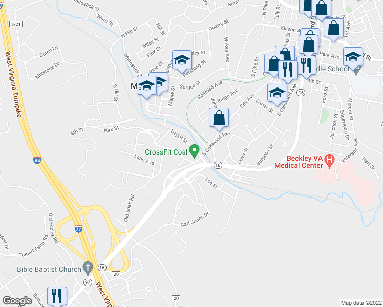map of restaurants, bars, coffee shops, grocery stores, and more near 238 Depot Street in Beckley
